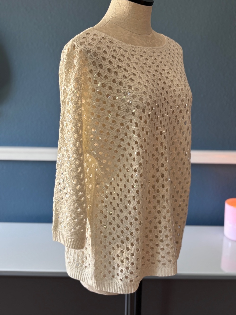 NWT Chico’s Sasha Sequin Pullover Sweater Ecru Open Knit Sparkle Size 3 - Picture 2 of 8